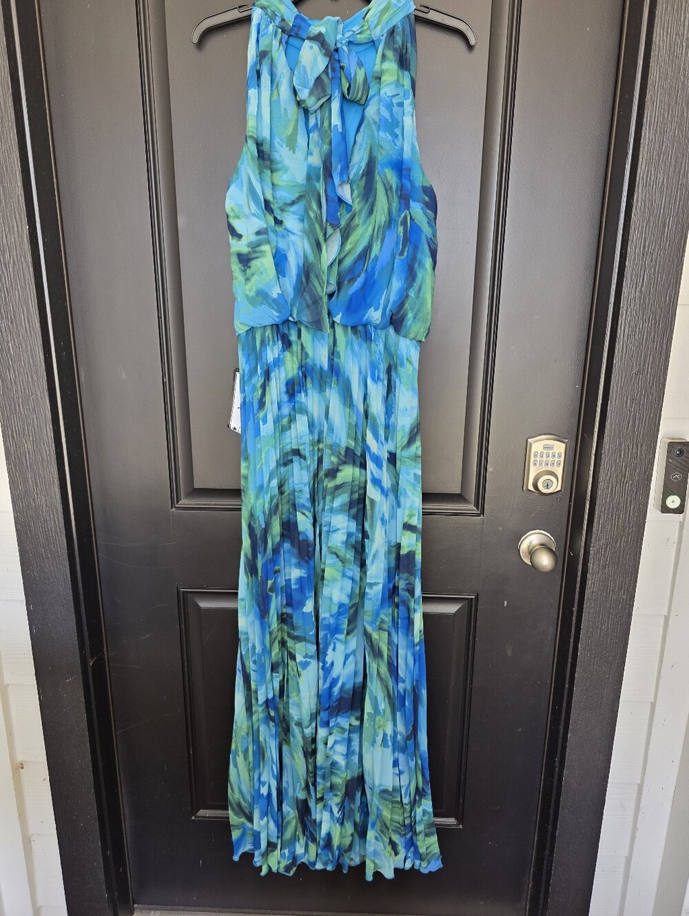 NWT Xscape Blue Green Printed Pleated Maxi Dress Sleeveless Blouson Size 10 $259 - Picture 7 of 11